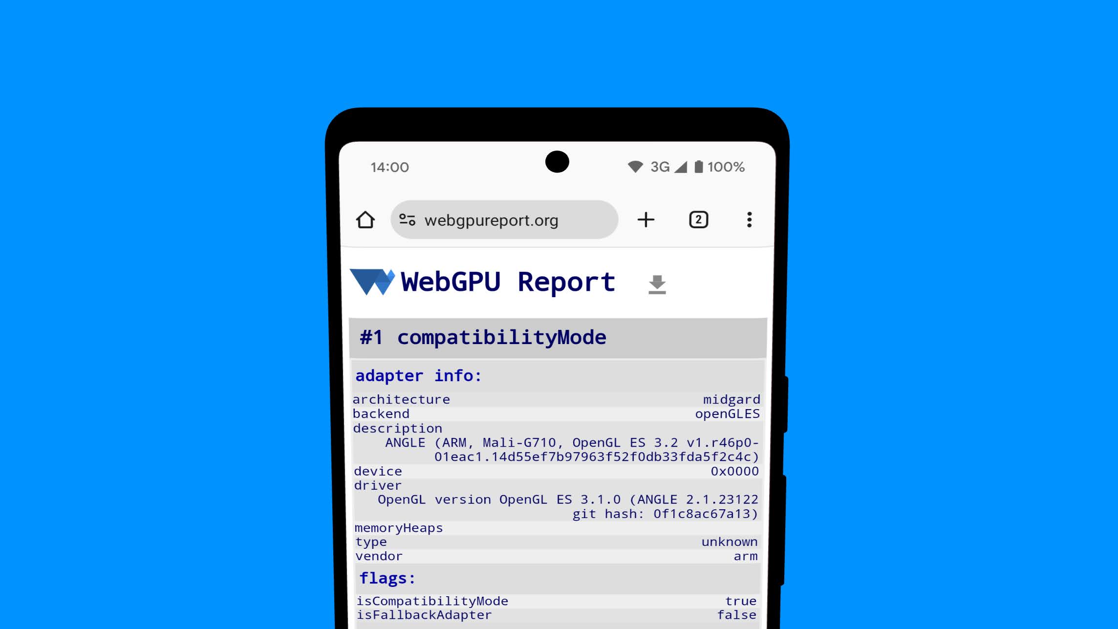 تعرض صفحة تقرير WebGPU معلومات GPUAdapter من الخلفية OpenGL ES على جهاز Android.