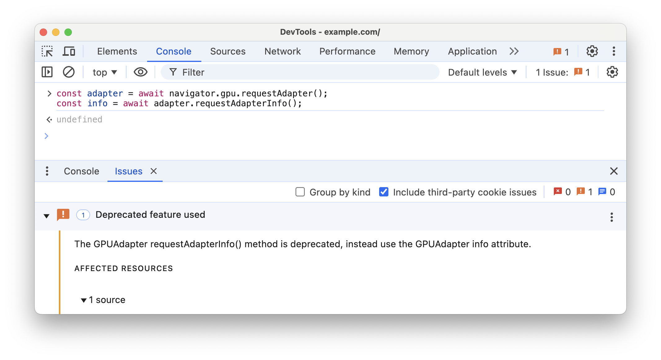 In der Entwicklertools-Konsole wird eine Einstellungswarnung für requestAdapterInfo() angezeigt.