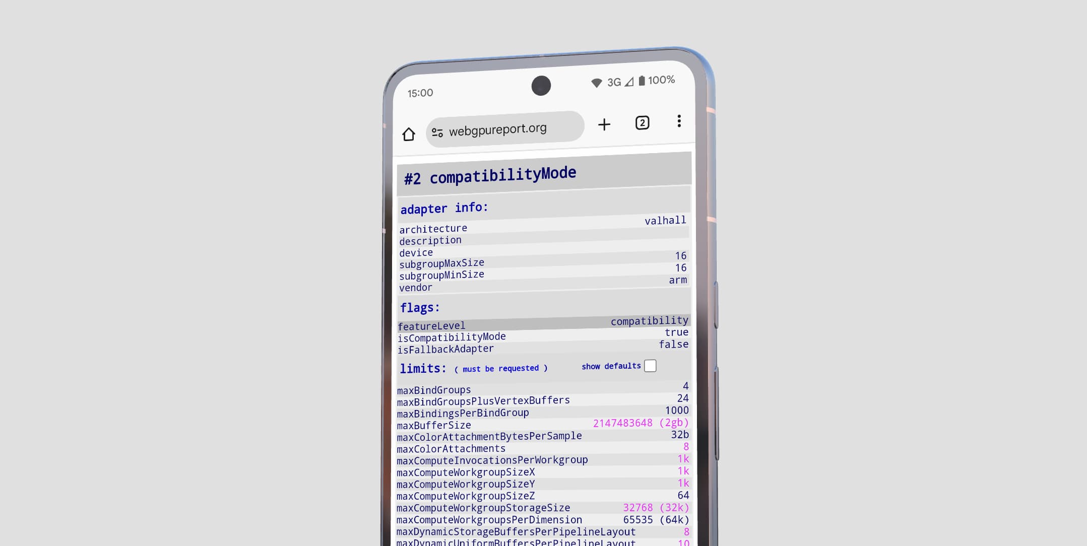 تعرض صفحة تقرير WebGPU عنصر GPUAdapter في وضع التوافق على جهاز Android.