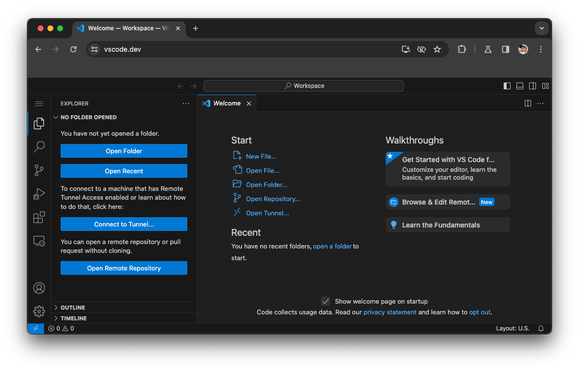 Layar selamat datang Visual Studio Code.