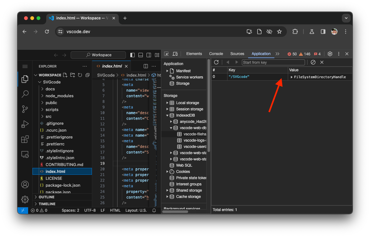 Proses debug Chrome DevTools di Visual Studio Code yang menampilkan bagian IndexedDB dengan FileSystemHandle yang disimpan.