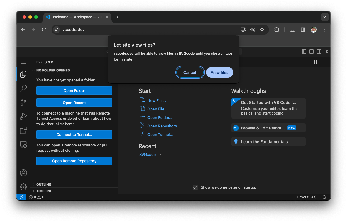 Visual Studio Code meminta akses edit setelah memuat ulang.