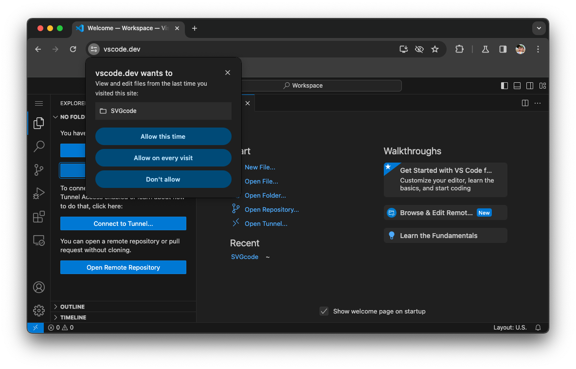 Visual Studio Code dengan dialog izin tiga arah.