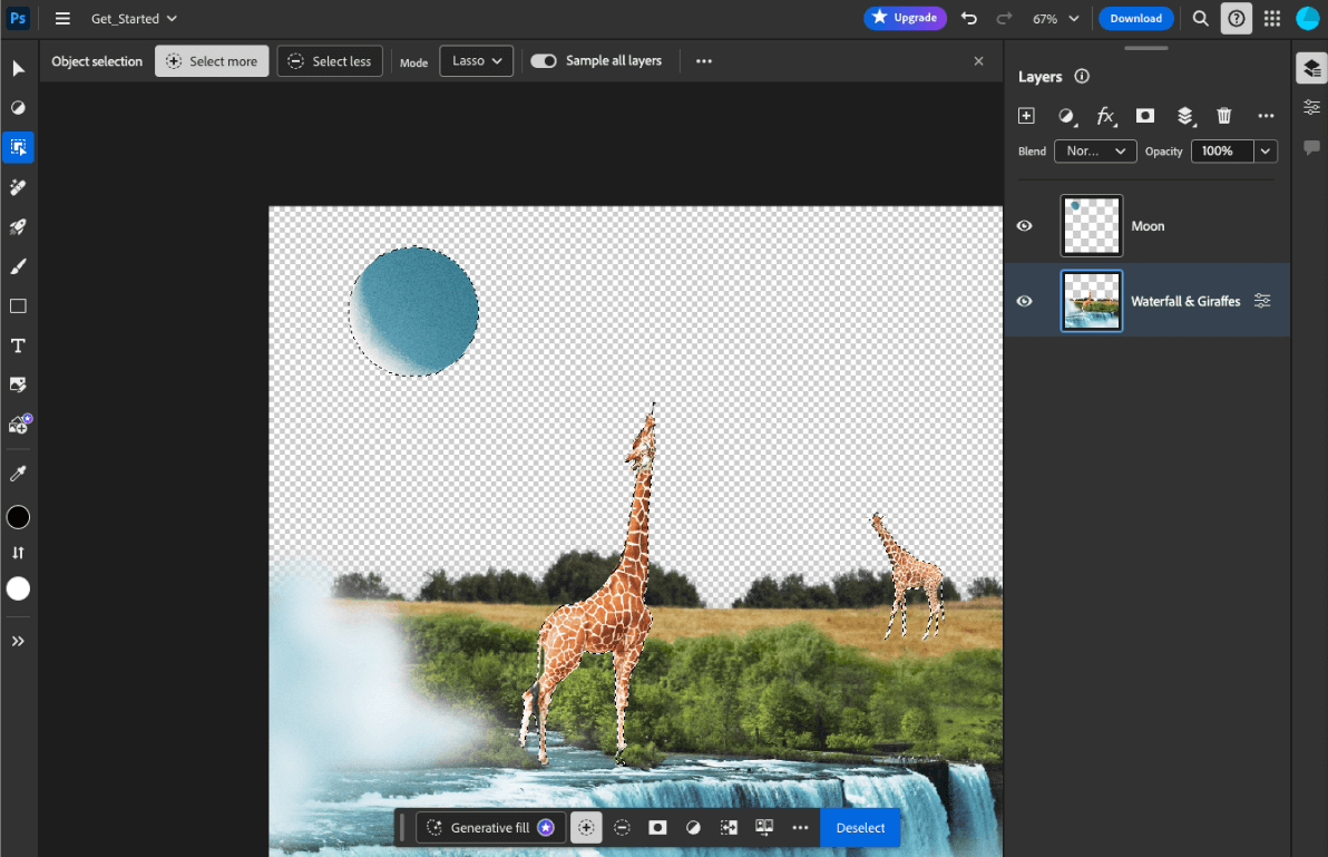 Adobe Photoshop w przeglądarce z otwartym narzędziem do zaznaczania obiektów opartym na AI, z zaznaczonymi 3 obiektami: 2 żyrafami i księżycem.