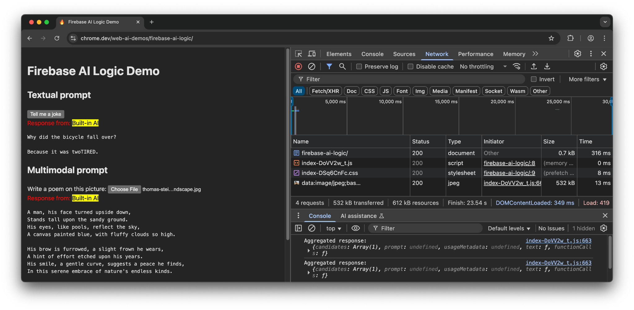 組み込みの AI API を使用して Chrome で実行される Firebase AI ロジック。