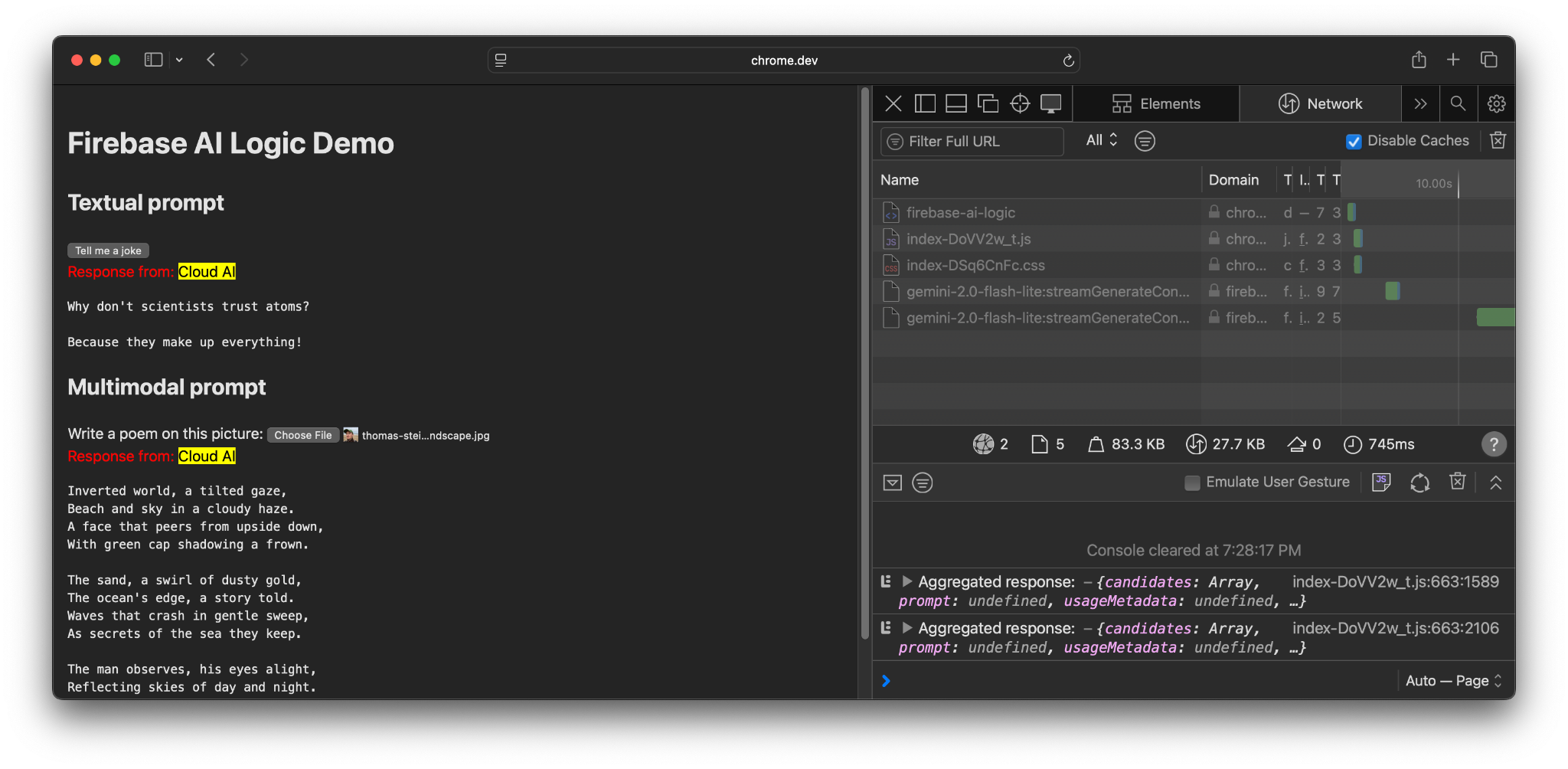 在 Safari 中运行的 Firebase AI Logic 向 Firebase 服务器发出请求。