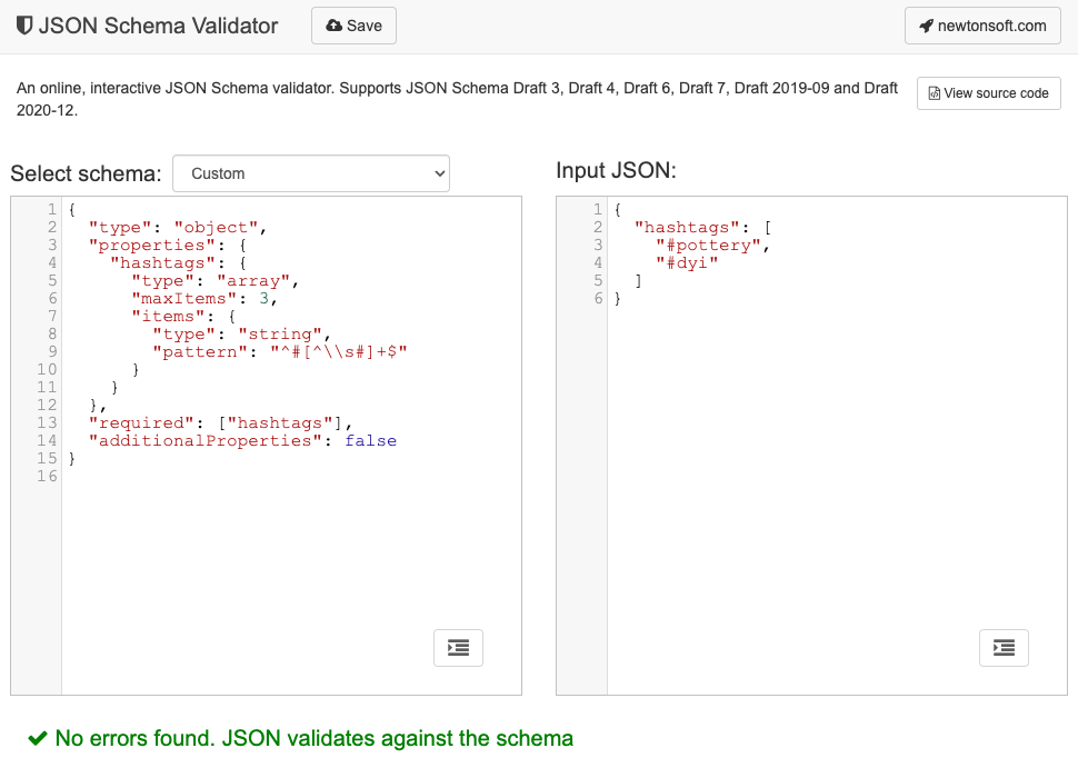 Xác thực thành công một đối tượng JSON dựa trên Giản đồ JSON trong trình xác thực Giản đồ JSON.