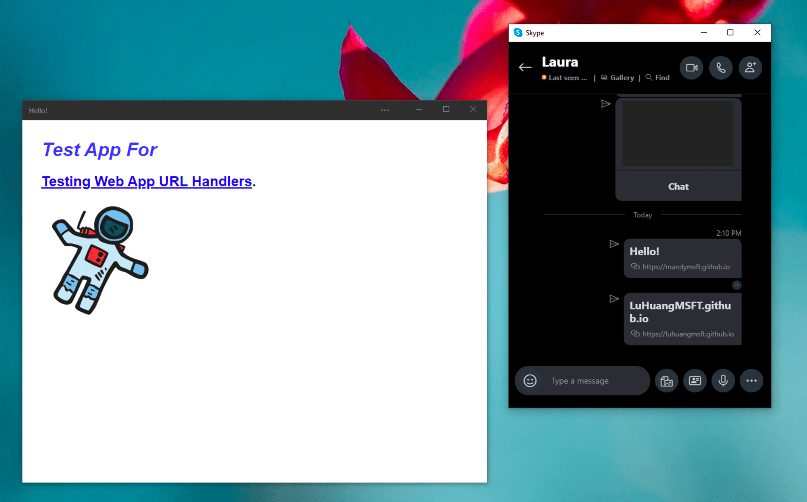 Application de chat Windows Skype à côté de la PWA de démonstration installée, qui s'ouvre en mode autonome après avoir cliqué sur un lien géré par elle dans un message de chat Skype.