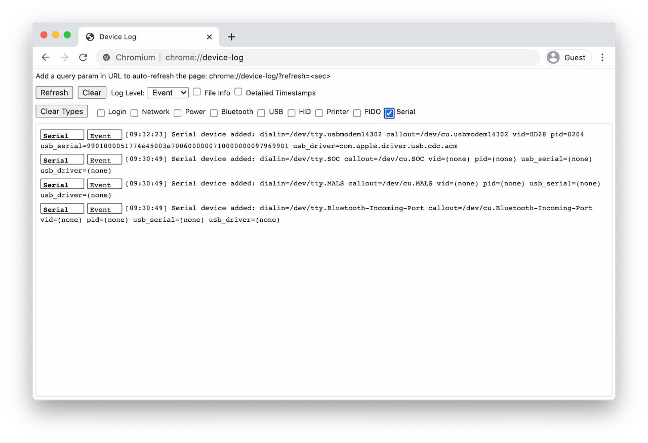 Screenshot van de interne pagina voor het debuggen van de Web Serial API.