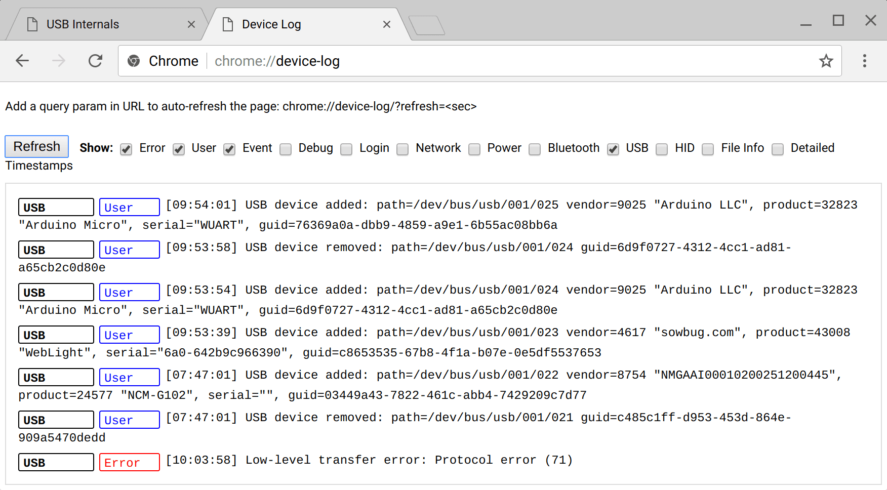 Chrome'da WebUSB'de hata ayıklama için cihaz günlük sayfasının ekran görüntüsü