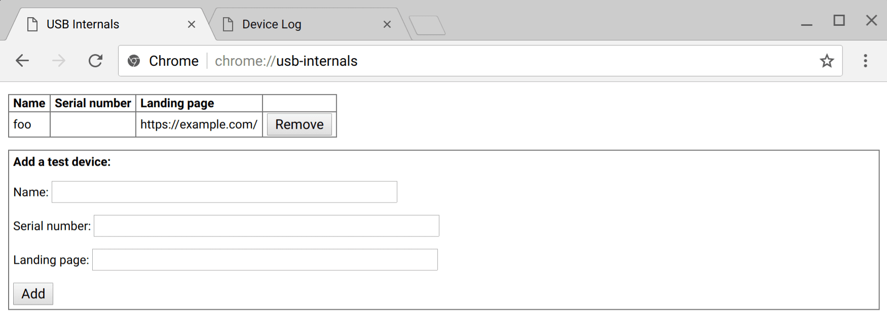 Chrome'da WebUSB'de hata ayıklama için kullanılan dahili sayfanın ekran görüntüsü