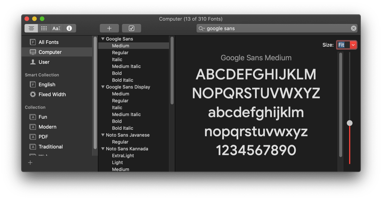 Aperçu de la police Google Sans dans l'application Livre de polices de macOS.