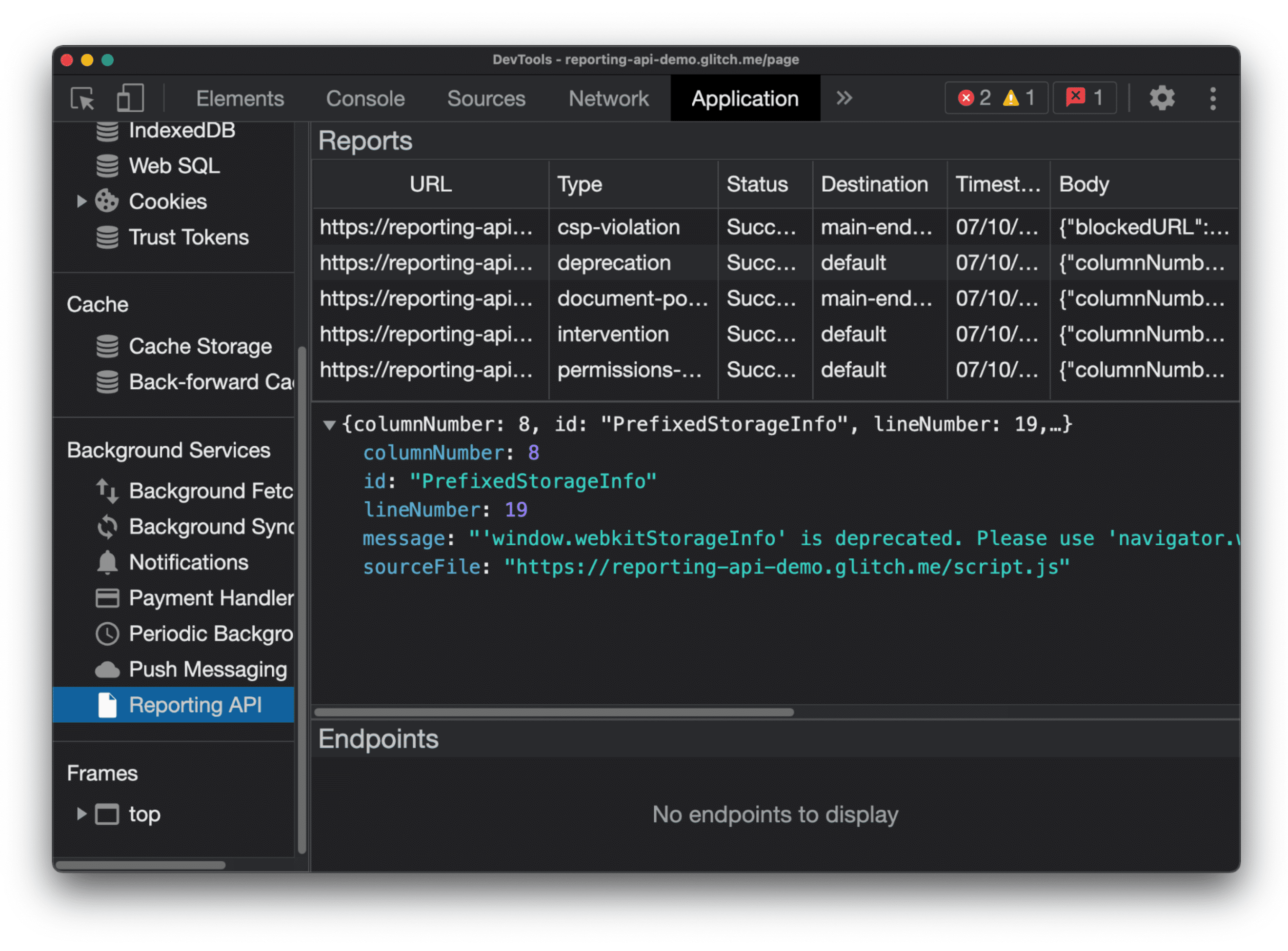 Schermafbeelding van DevTools met een lijst van de rapporten.