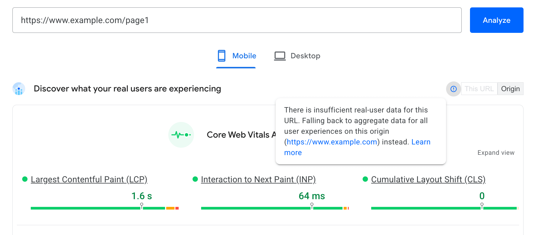 Nessun dato CrUX a livello di URL in PageSpeed Insights, quindi vengono mostrati i dati dell'origine
