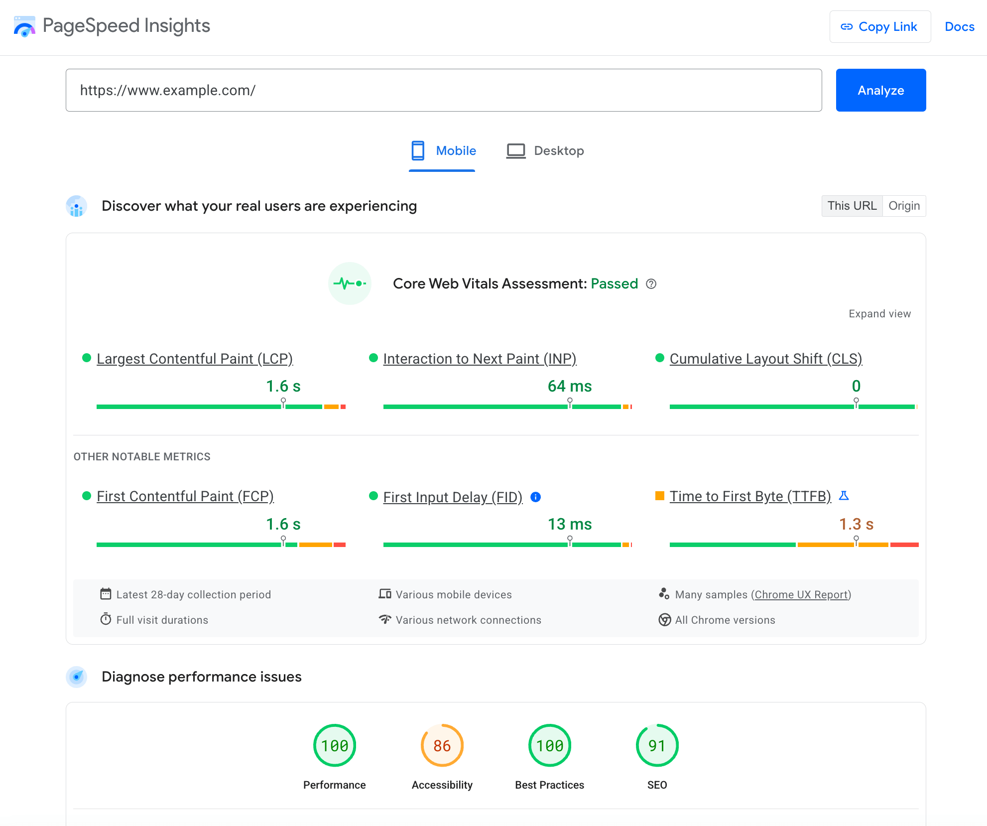 Veldgegevens van CrUX in PageSpeed ​​Insights