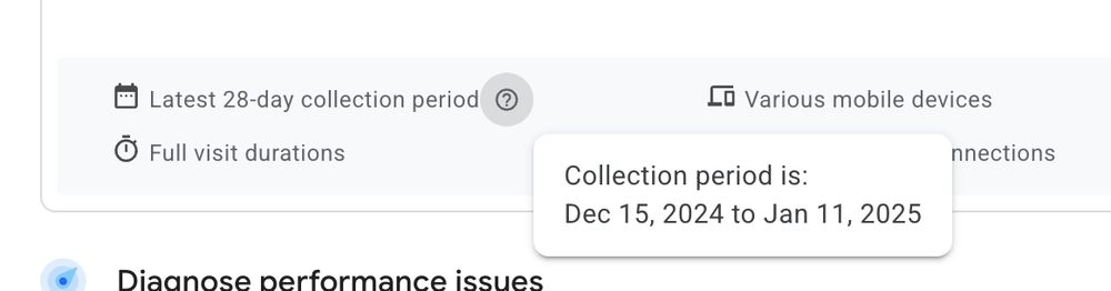 תאריכי תקופת האיסוף מוצגים בהסבר קצר ב-PageSpeed Insights.
