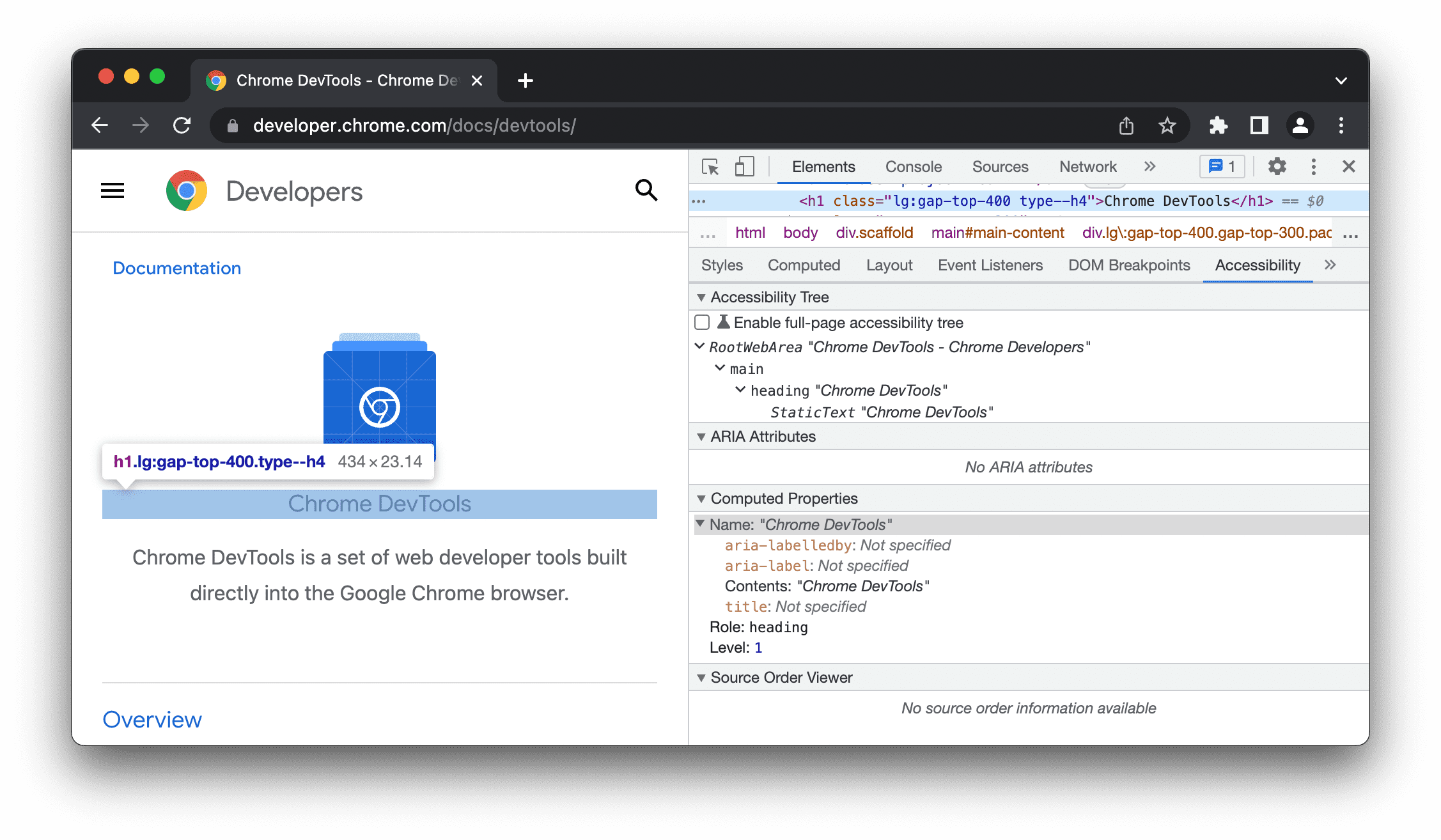 Inspeção de um elemento h1 da página inicial do DevTools na guia "Acessibilidade".