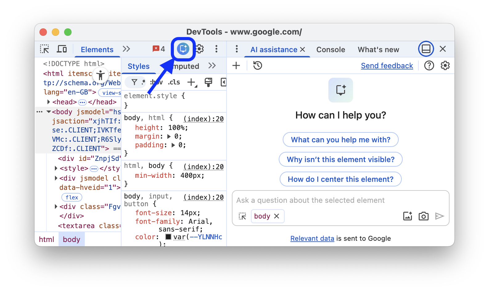 DevTools 툴바의 오른쪽 상단에 있는 AI 지원 버튼