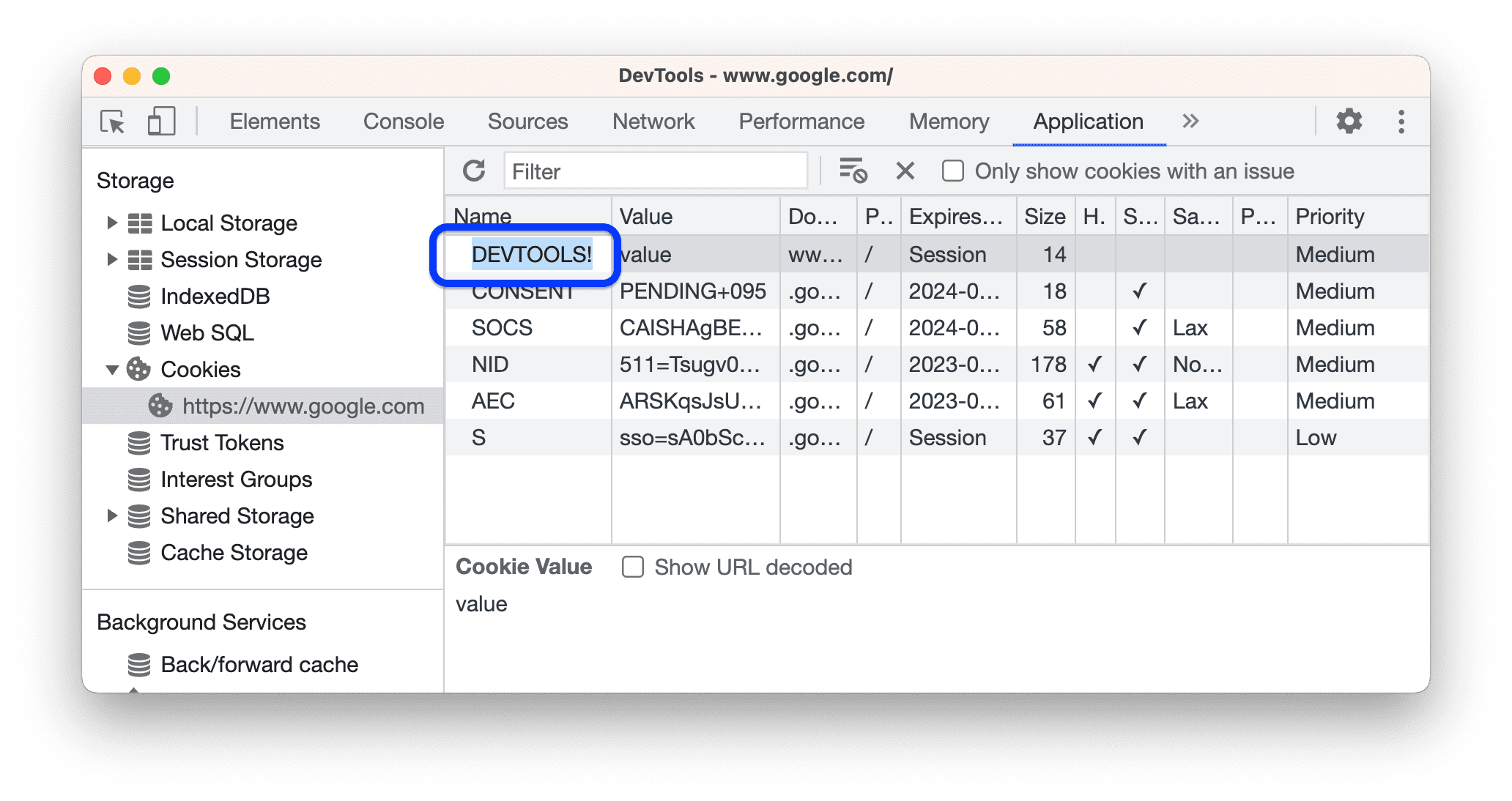Đặt tên cookie thành "DEVTOOLS!"