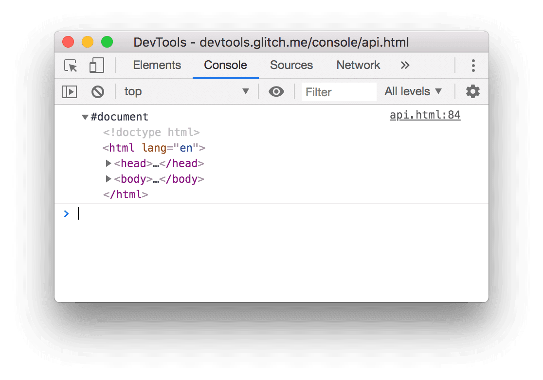 Résultat de l'exemple console.dirxml() ci-dessus.
