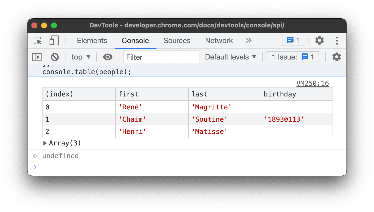 Résultat de l'exemple console.table() ci-dessus.