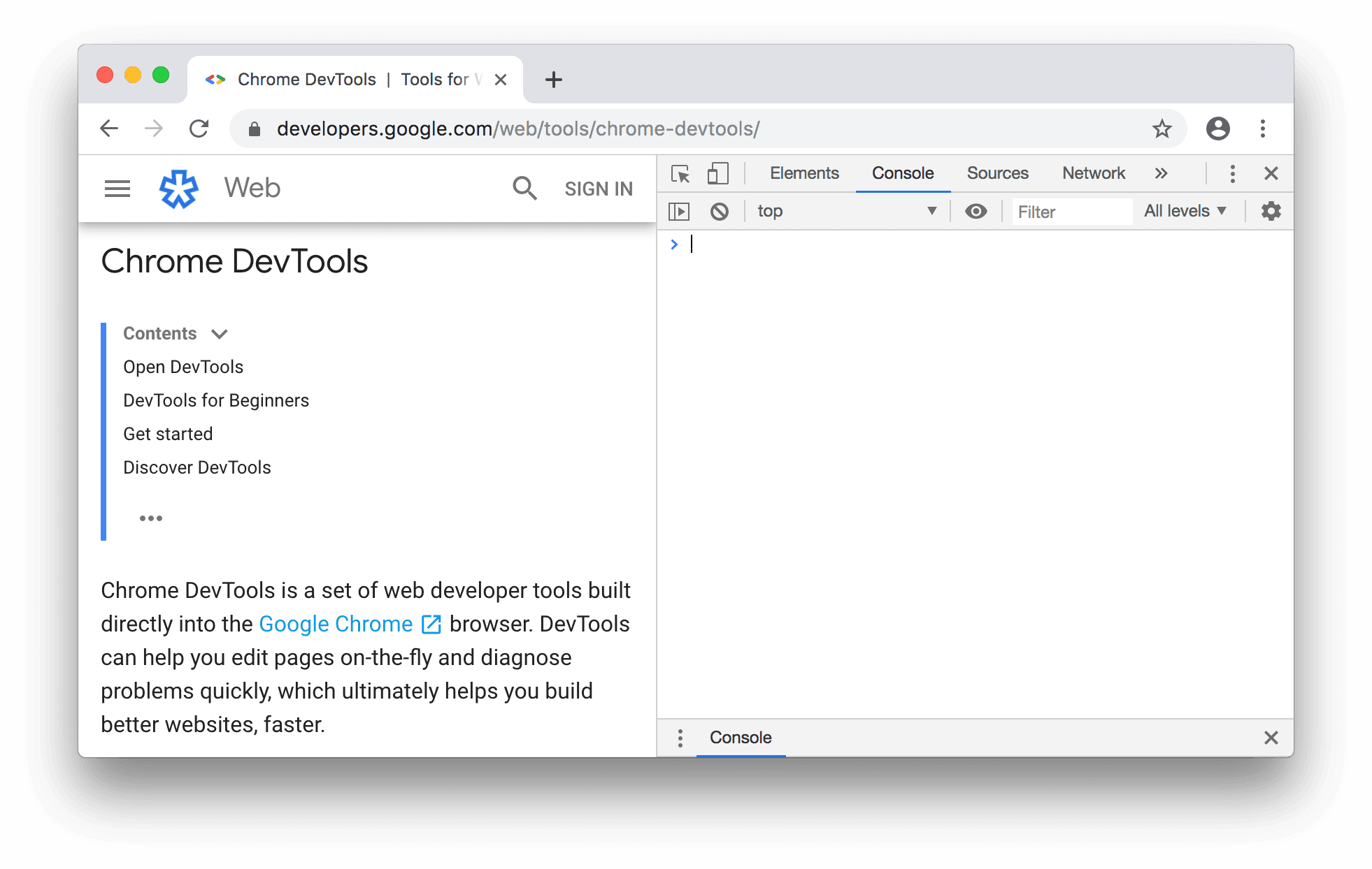 Het consolepaneel naast de DevTools-startpagina.