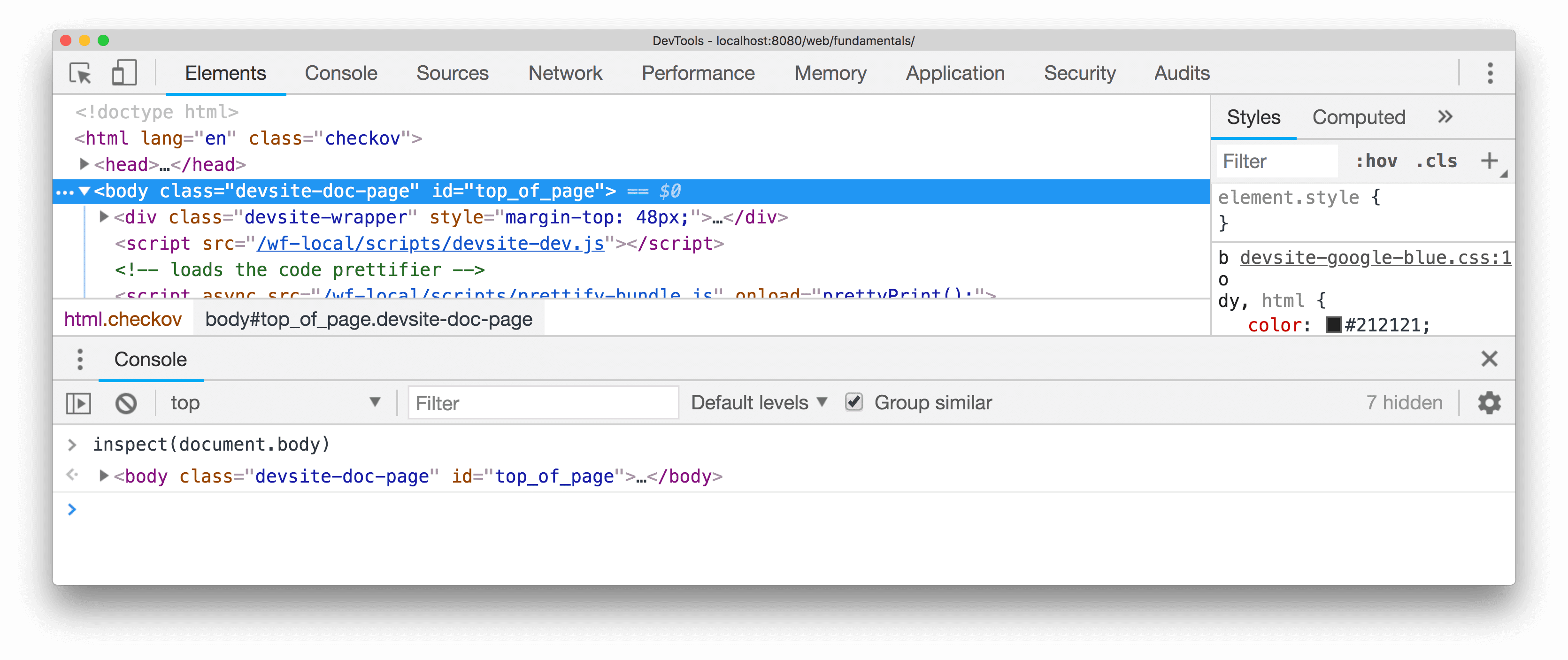 inspect() を使用して要素を検査する。