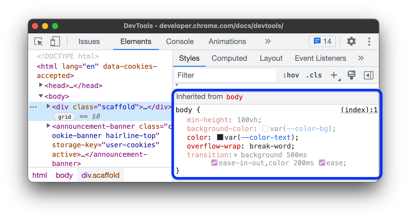 La section "Hérité du corps" liste les CSS hérités et non hérités.