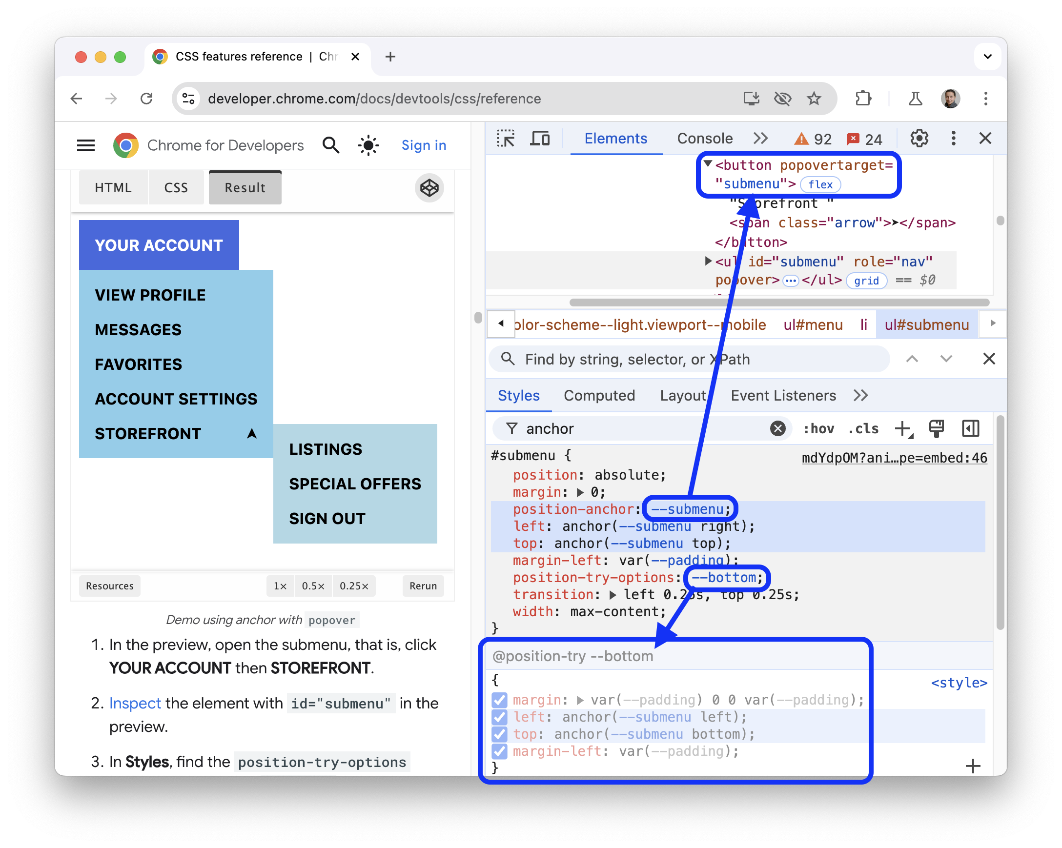 Die Eigenschaft „position-try-options“, der Abschnitt „@position-try“ und das Element mit dem Attribut „popover-target“.