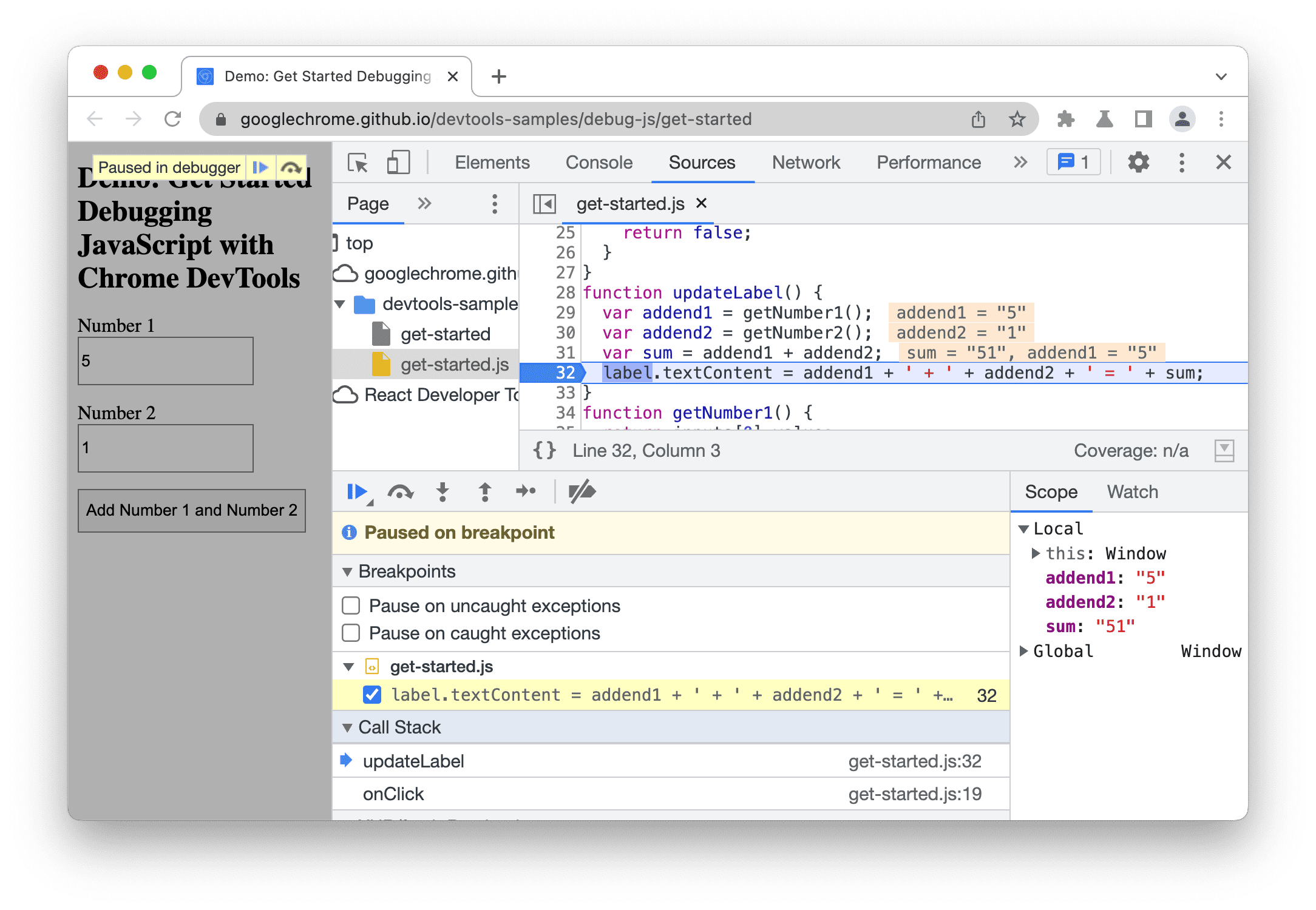 DevTools pausiert am Zeilen-Haltepunkt in Zeile 32.