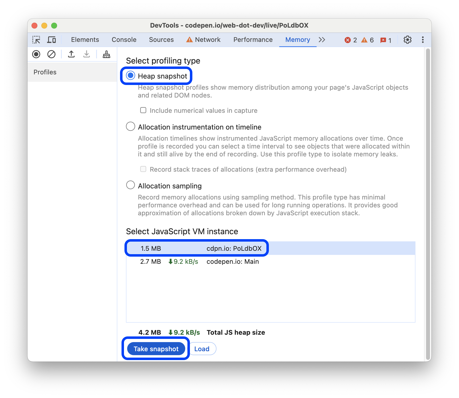 Un tipo di profilazione selezionato e un'istanza VM JavaScript.