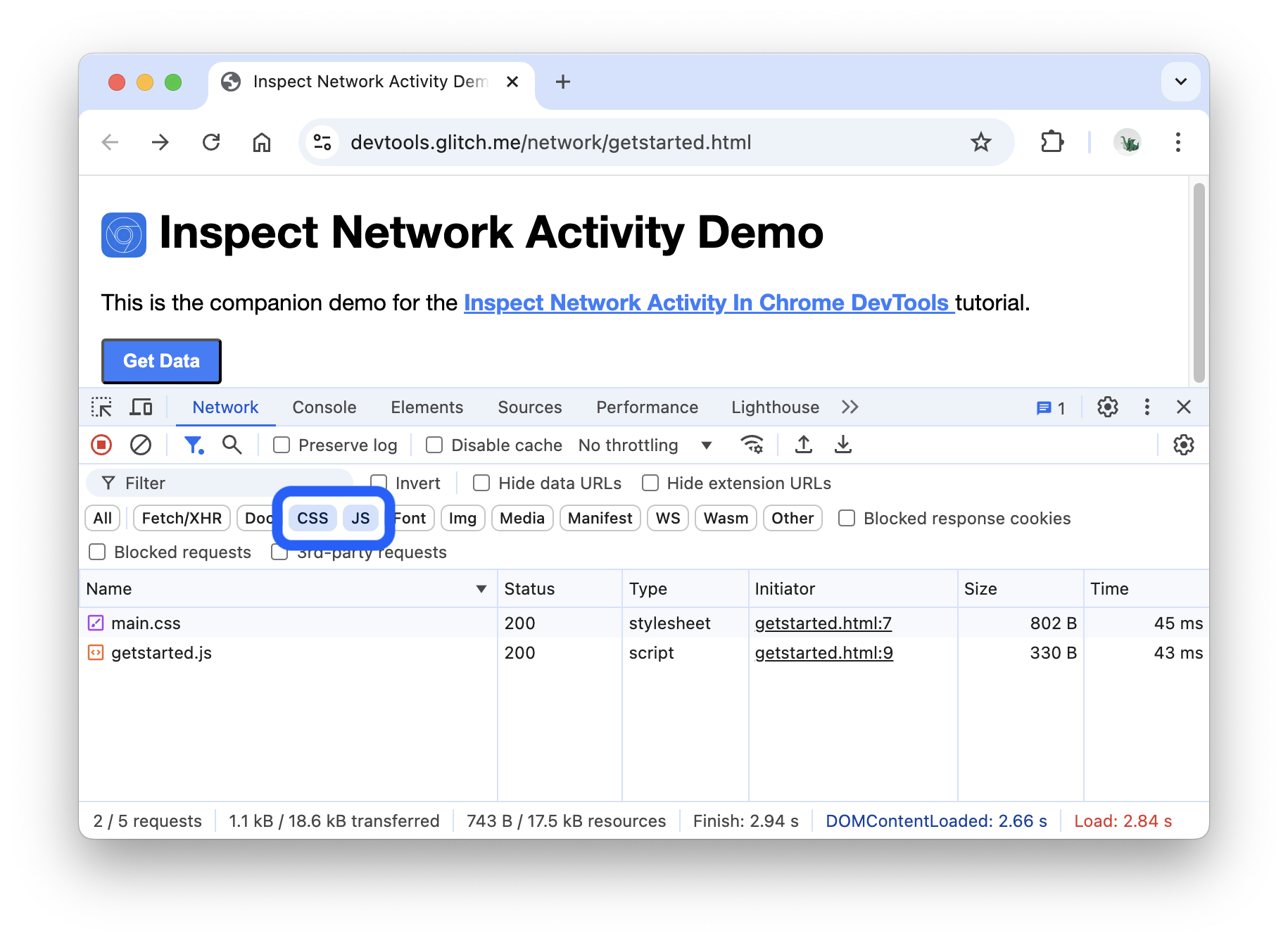 חלונית Network (רשת) שבה מוצגים רק קובצי CSS ו-JS.