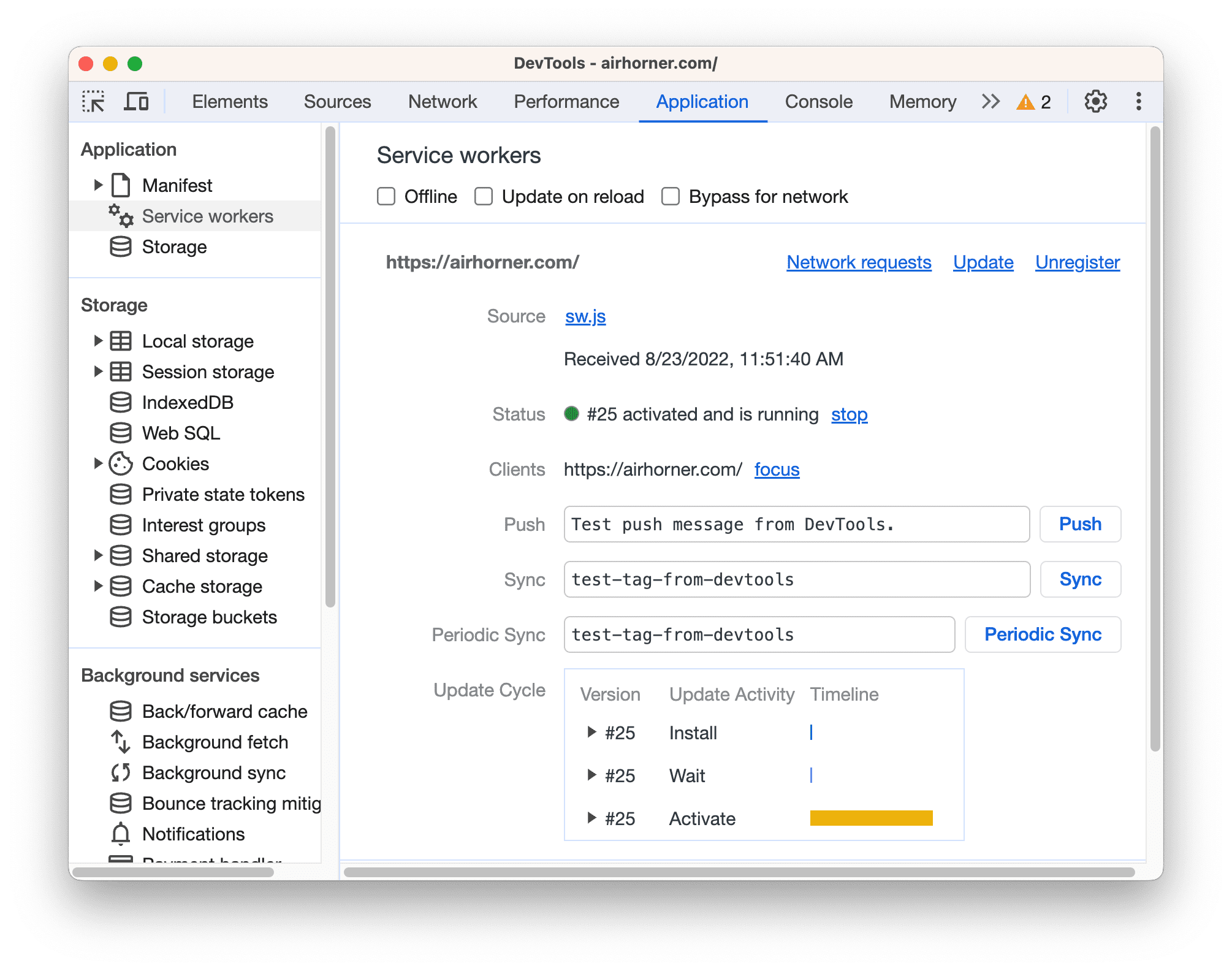 Panneau "Application" avec la section "Service workers" ouverte