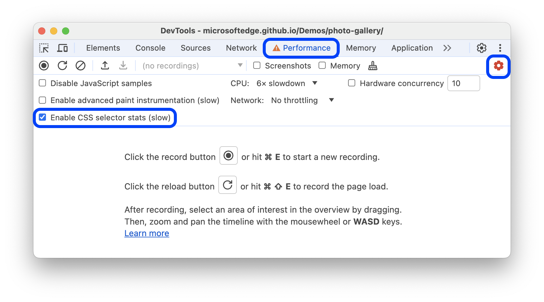 Hai selezionato l'impostazione "Attiva le statistiche del selettore CSS".