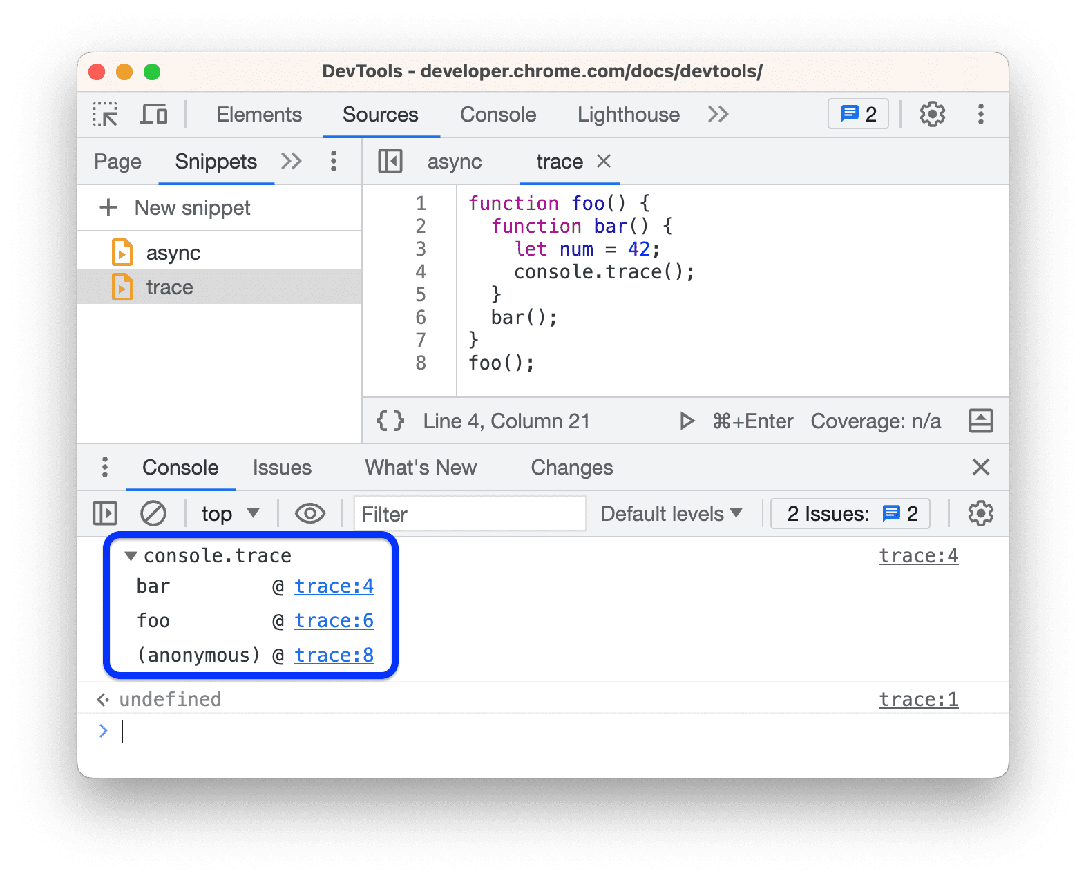 Konsolda genişletilmiş console.trace() mesajı.