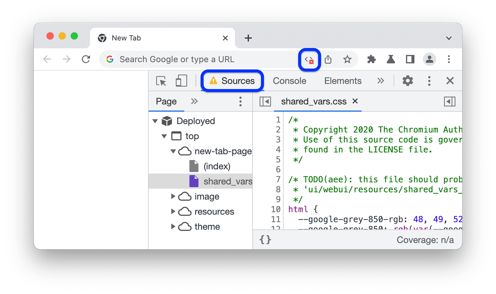 Adres çubuğunda bir simge ve DevTools'daki Kaynaklar'ın yanında bir uyarı simgesi.