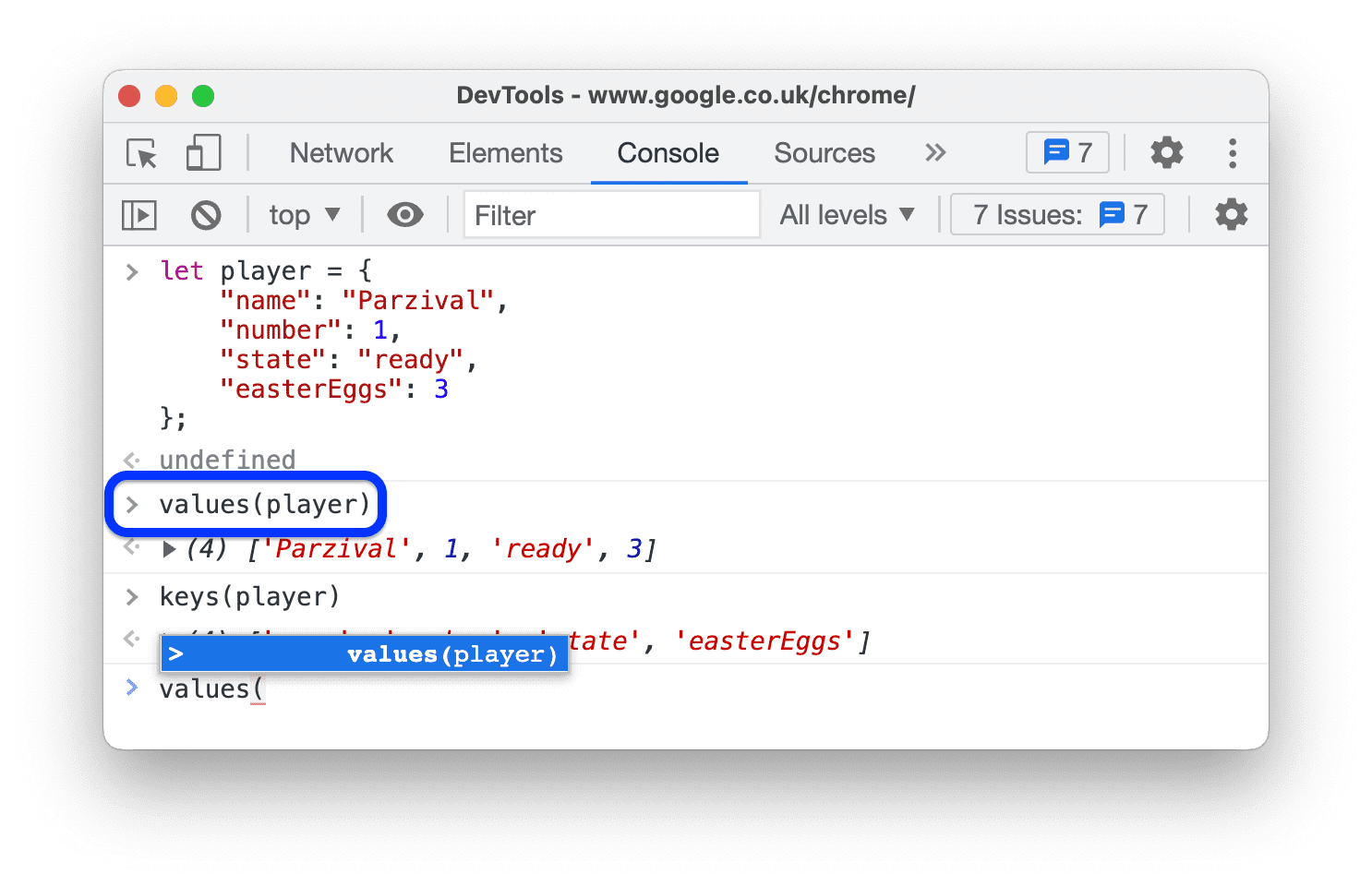 Drop-down pelengkapan otomatis dengan opsi perintah dari histori Konsol.