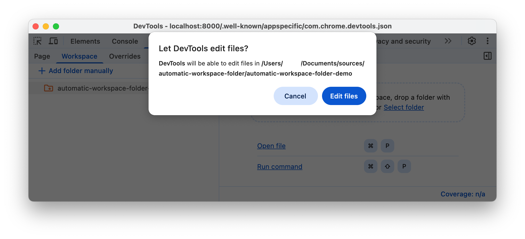 DevTools को फ़ोल्डर ऐक्सेस करने की अनुमति देने के लिए प्रॉम्प्ट करें.