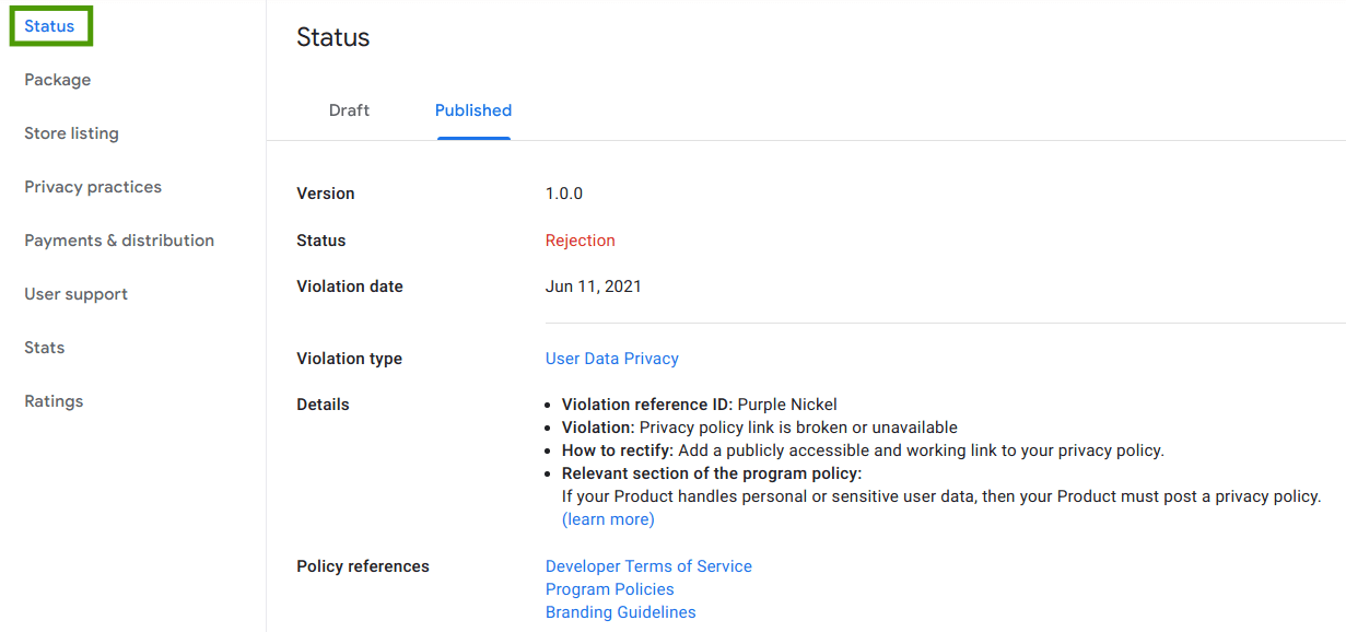 Guia "Status" da Chrome Web Store