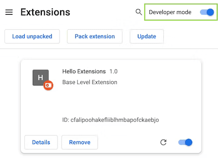 A página de extensões do Chrome com a alternância do modo de desenvolvedor em destaque