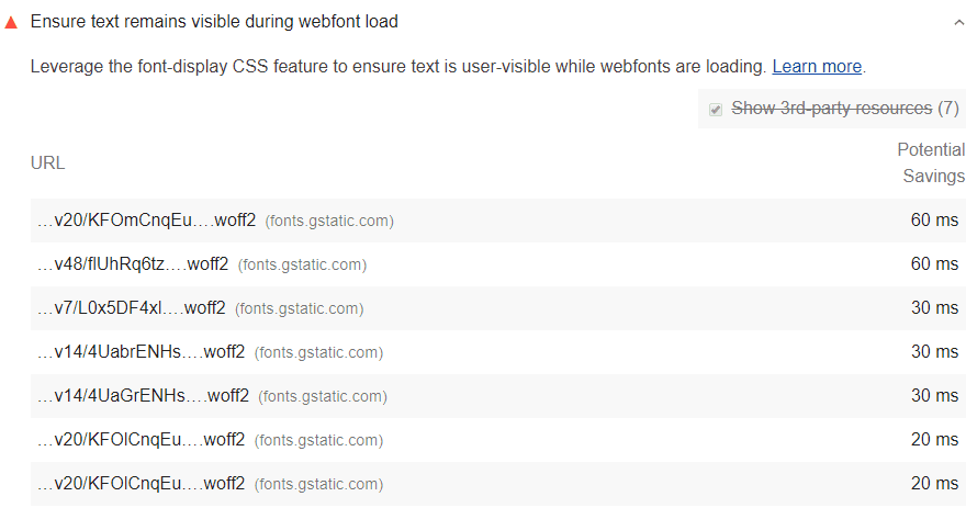 Ein Screenshot des Lighthouse-Audits „Darauf achten, dass der Text während des Webfont-Ladevorgangs sichtbar bleibt“