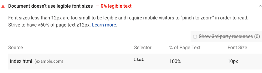 การตรวจสอบ Lighthouse ที่แสดงว่าหน้าเว็บมีขนาดแบบอักษรที่อ่านไม่ได้