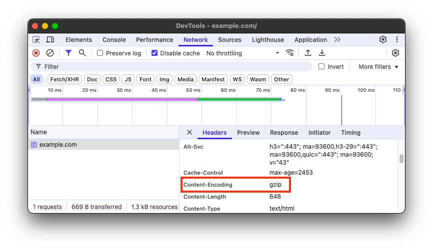 As DevTools informam que a solicitação de documento está usando a compactação gzip.