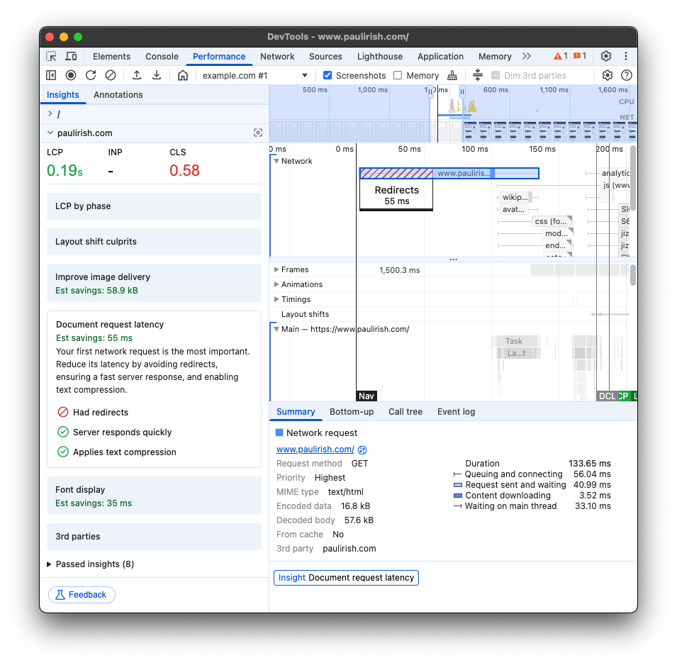 O DevTools informa que a latência do documento pode ser reduzida eliminando redirecionamentos.