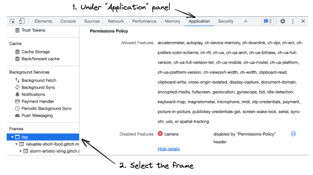 שילוב של כלי הפיתוח ל-Chrome עם Permissions Policy
