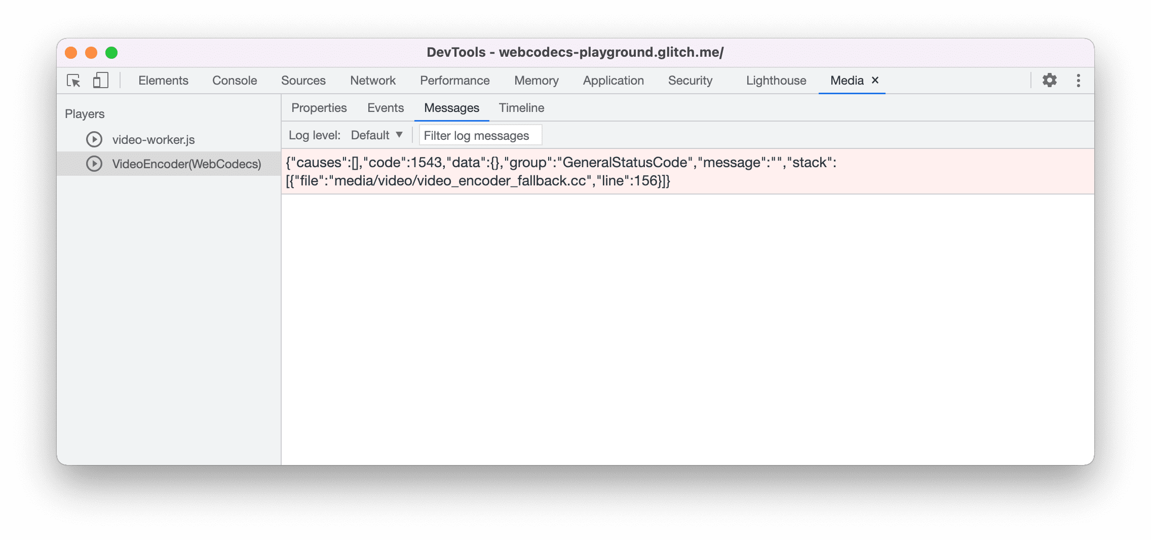 Capture d'écran du panneau "Média" pour le débogage de WebCodecs