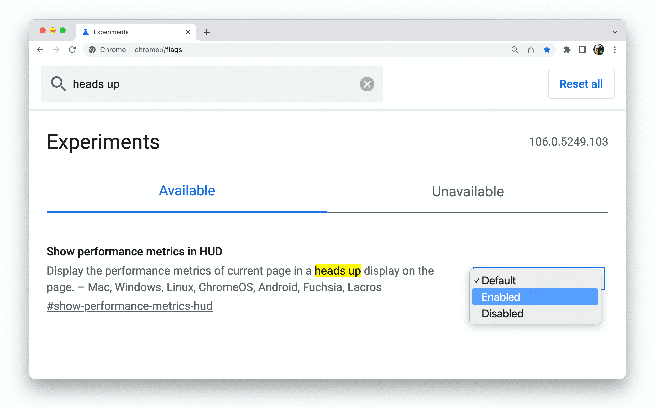Pagina chrome://flags con il flag HUD impostato su predefinito.