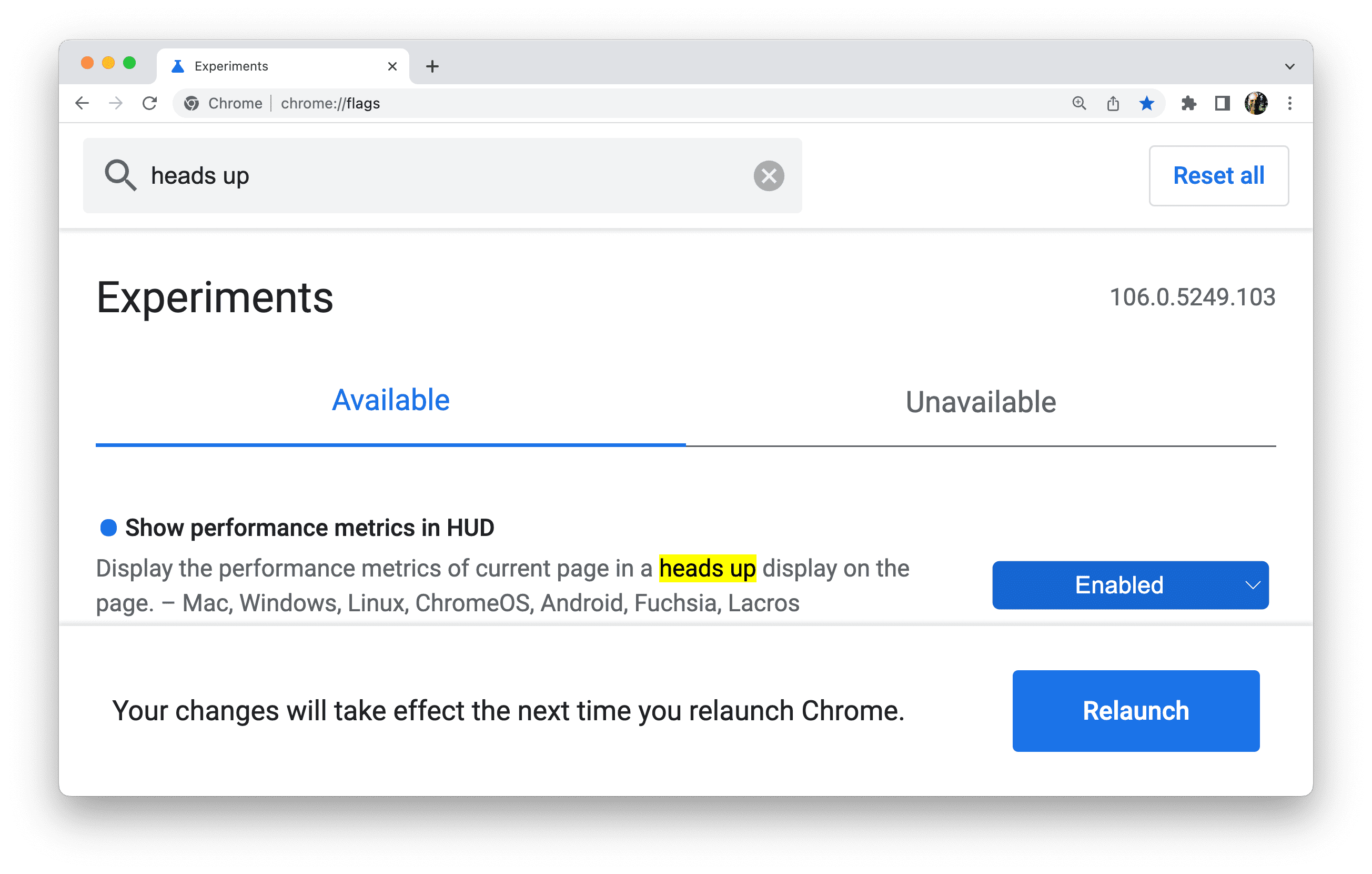 Chrome chiede all'utente di riavviare il browser quando viene modificata un'impostazione di un flag.