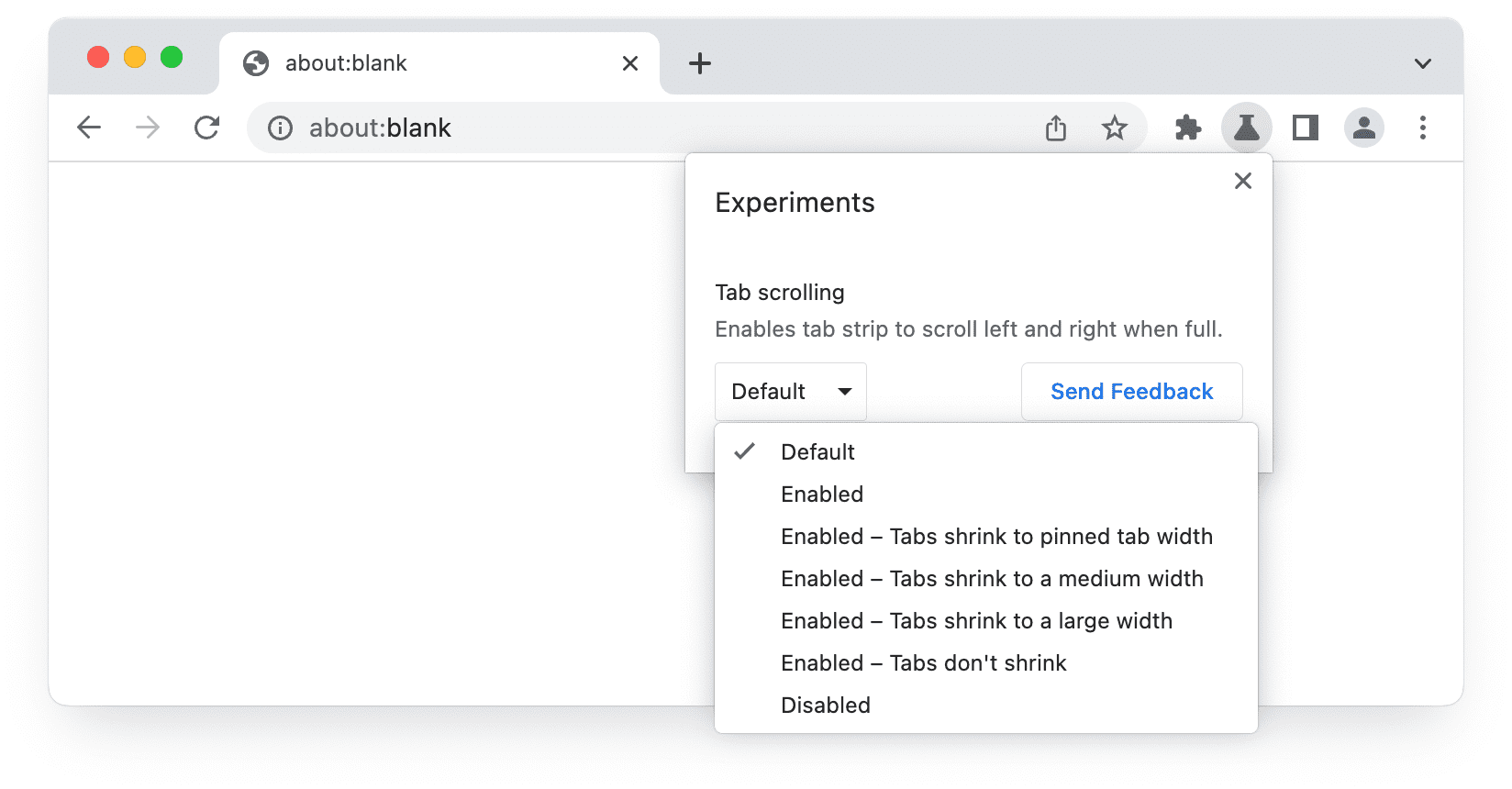 UI ของการทดสอบใน Chrome เบต้า ซึ่งแสดงตัวเลือกการเลื่อนแท็บ