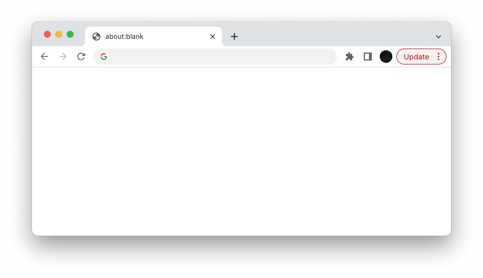 Strona about:blank w Chrome z czerwonym przyciskiem Aktualizuj.